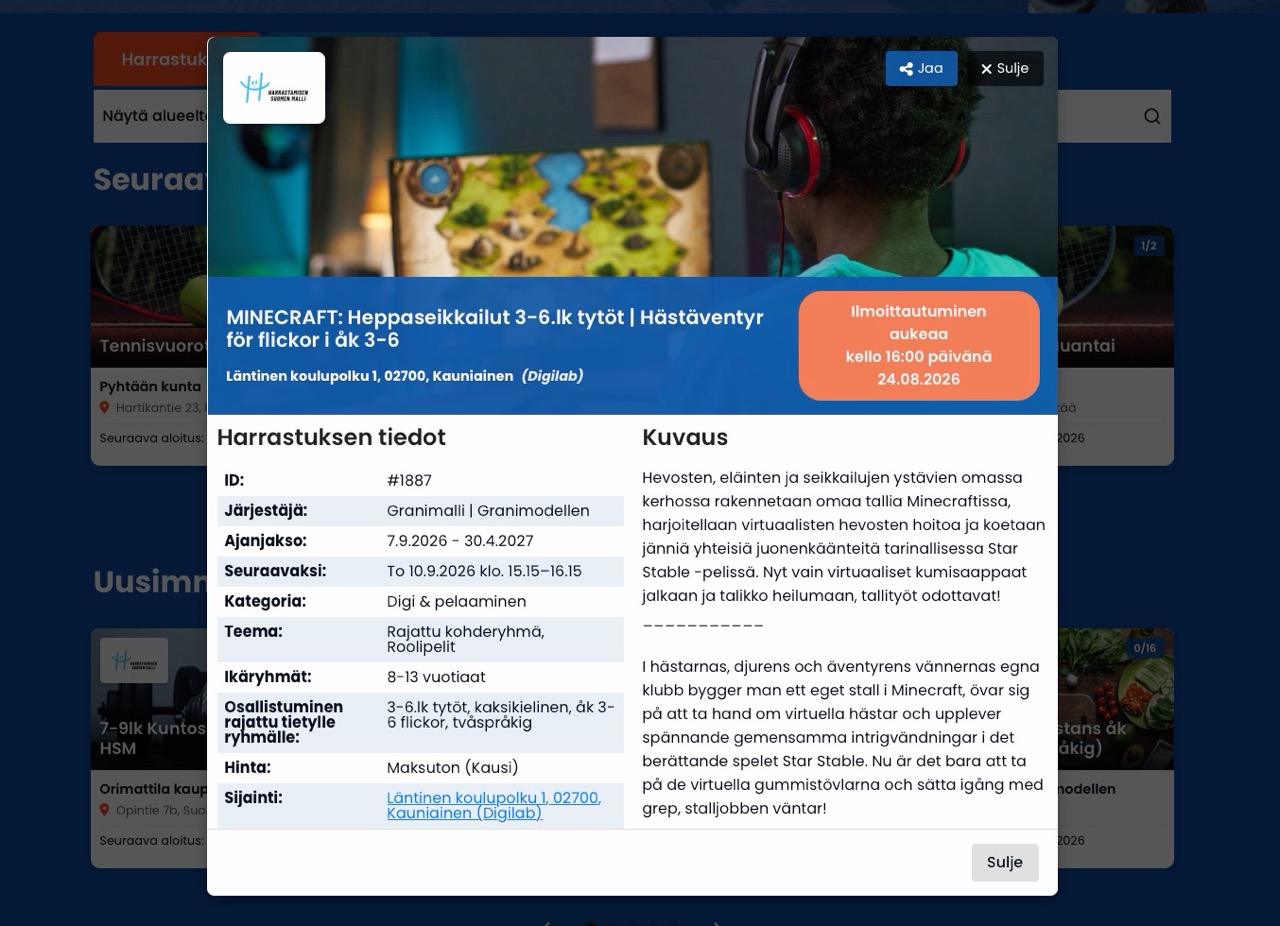 Hop In – alueen yhteinen vapaa-ajan toimintakalenteri ja mobiilimaksut
